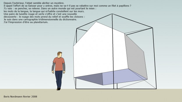 Projet d'imprimer le nuage de mot sur l'intérieur d'une tente, en anaglyphe (3D rouge et vert).