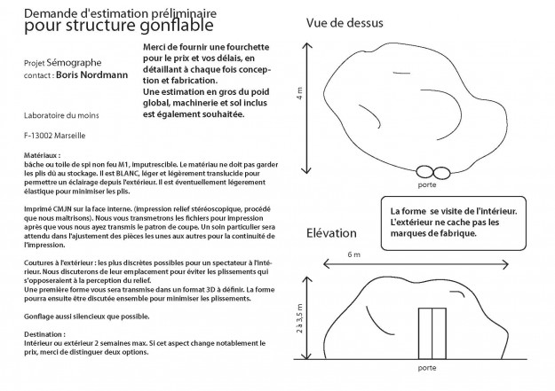 Demande de devis pour une structure gonflable à l'intérieur de laquelle serait imprimé le nuage de mots, toujours avec le procédé du relief stéréoscopique par anaglyphe.