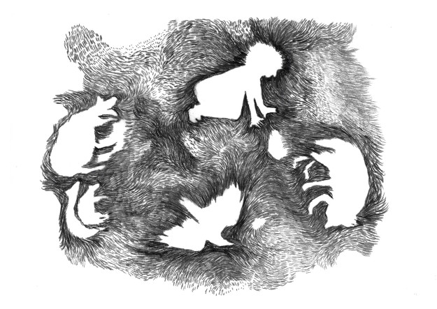 Le dessin au trait montre un personnage à quatre pattes, une brebis et ses agneaux, un loup, un corbeau, comme une ronde dans le ciel.