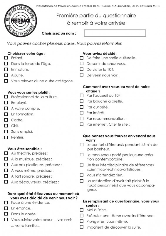 Questionnaire adressé lors de l'activation du projet Feedback au 104. Page 1.
