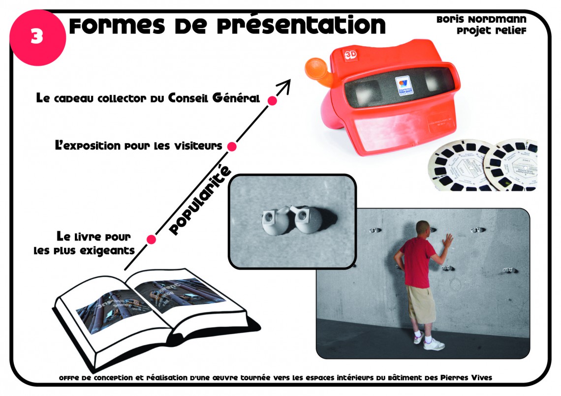 formes de présentation Boris Nordmann Projet relief offre de conception et réalisation d’une oeuvre tournée vers les espaces intérieurs du bâtiment des Pierres vives popularité Le cadeau collector du conseil Général L’exposition pour les visiteurs Le livre pour les plus exigeants